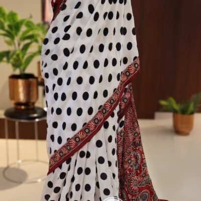 Polka Dot Crepe Silk Saree with Ajrakh Printed Pallu