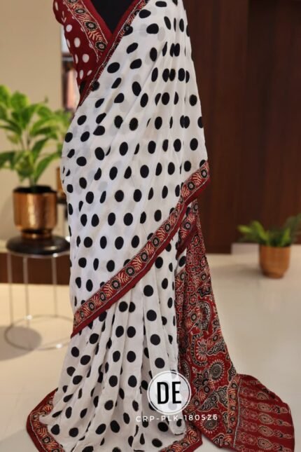 Polka Dot Crepe Silk Saree with Ajrakh Printed Pallu