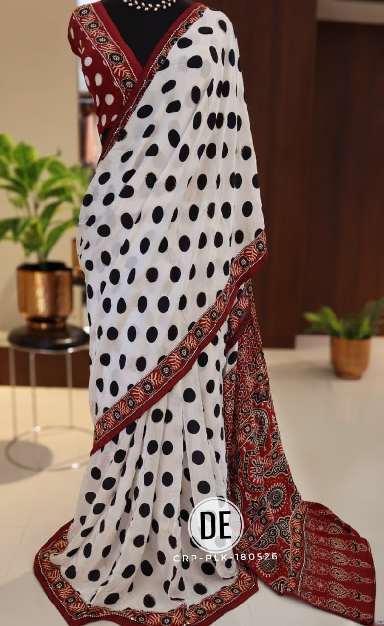 Polka Dot Crepe Silk Saree with Ajrakh Printed Pallu