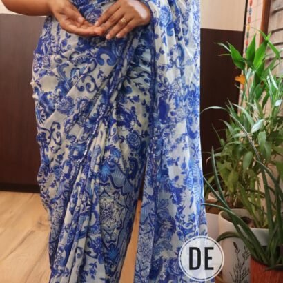 Blue Thikri Print Georgette Saree with Sequence and Cutdana Handwork
