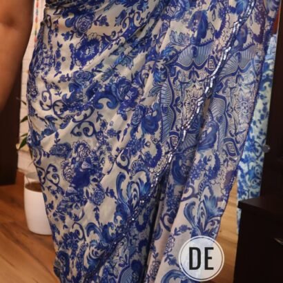 Blue Thikri Print Georgette Saree with Sequence and Cutdana Handwork