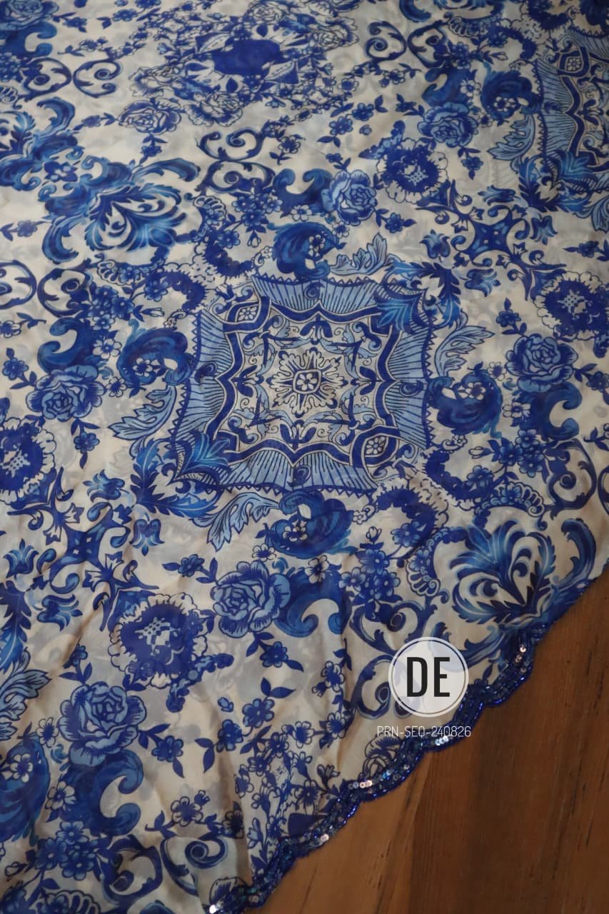 Blue Thikri Print Georgette Saree with Sequence and Cutdana Handwork