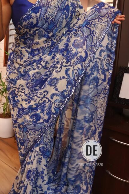 Blue Thikri Print Georgette Saree with Sequence and Cutdana Handwork