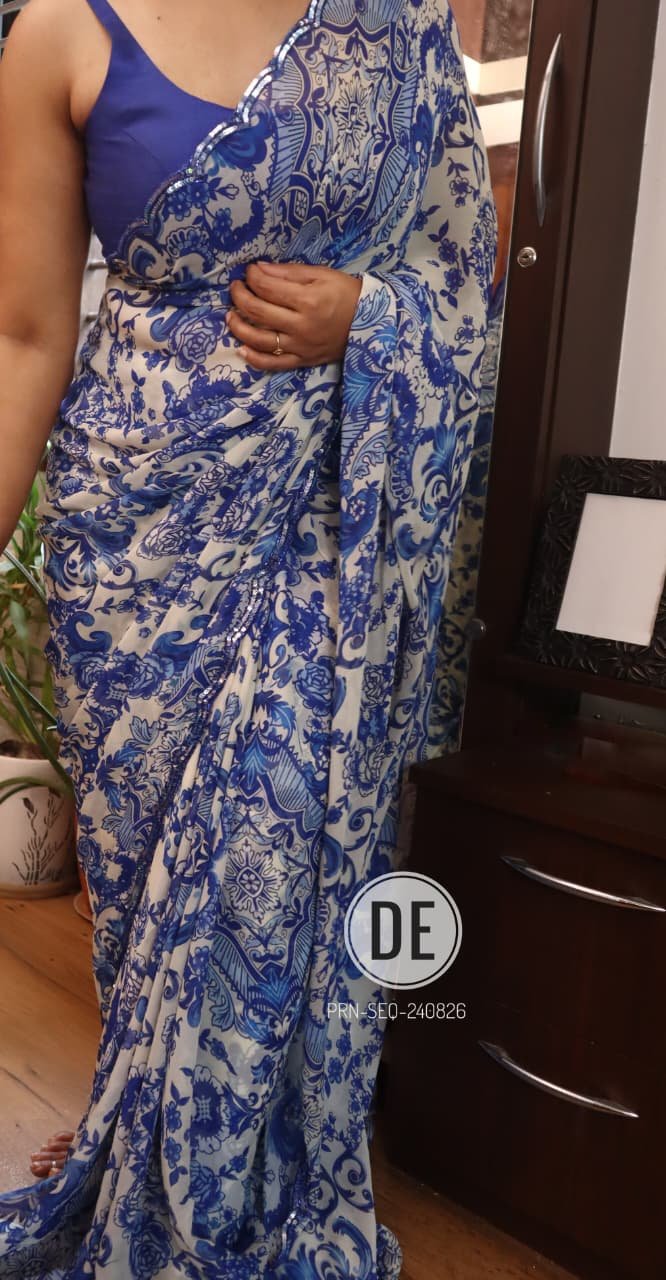 Blue Thikri Print Georgette Saree with Sequence and Cutdana Handwork