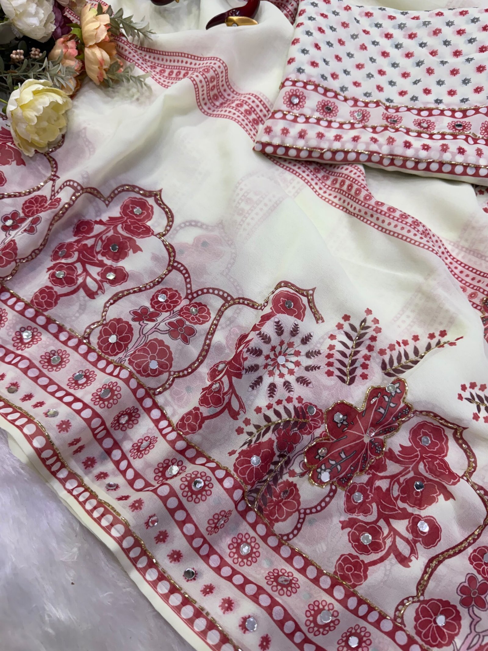 Designer Georgette Saree with Real Mirror Work and Katdana Embellishments