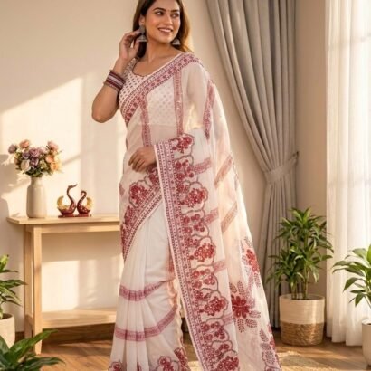 Designer Georgette Saree with Real Mirror Work and Katdana Embellishments