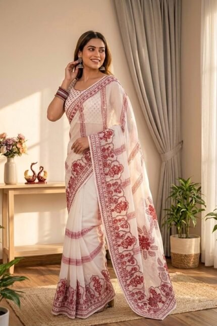 Designer Georgette Saree with Real Mirror Work and Katdana Embellishments