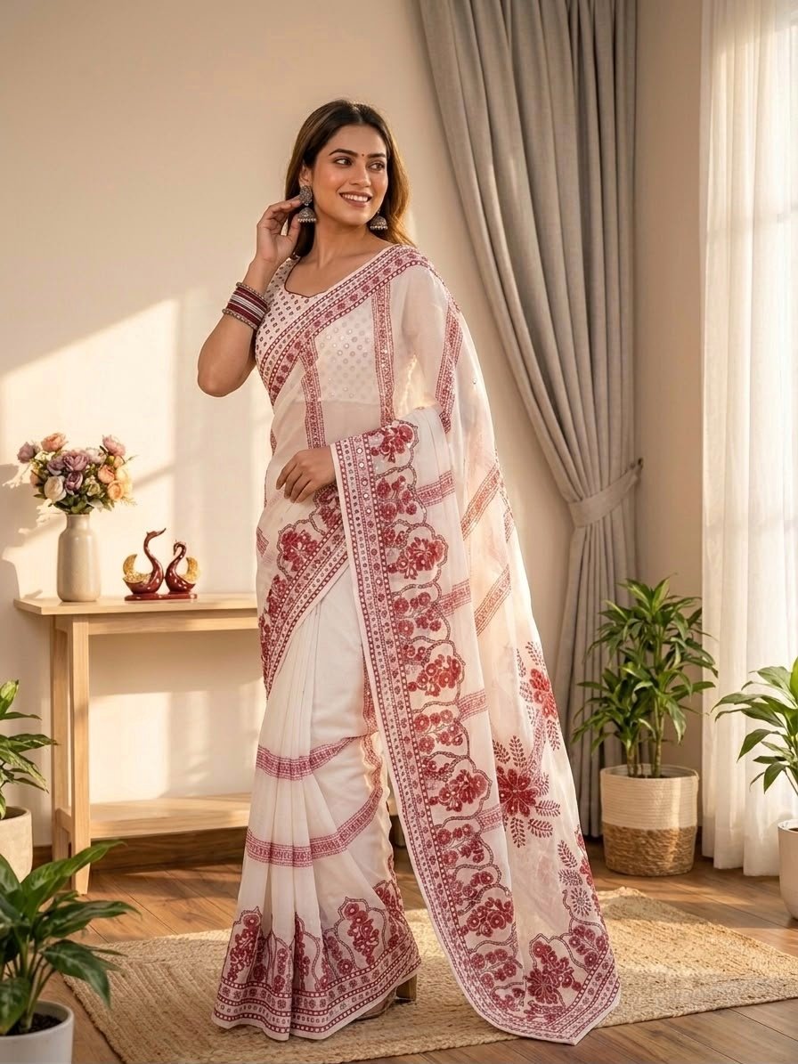 White Georgette Saree Designer Georgette Saree with Real Mirror Work and Katdana Embellishments