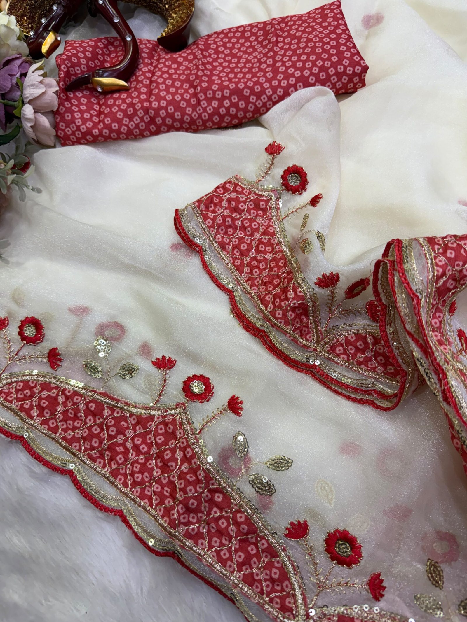 Durga Puja Special Saree in NC Moss fabric with appliqué and sequin work