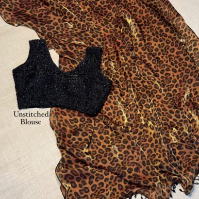 Party wear saree with 3D leopard print and heavy beads work blouse