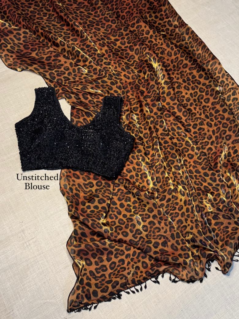 Party wear saree with 3D leopard print and heavy beads work blouse