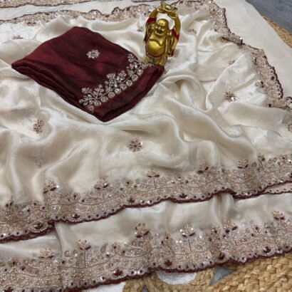 Grand silk party wear saree with original gold beadwork embroidery