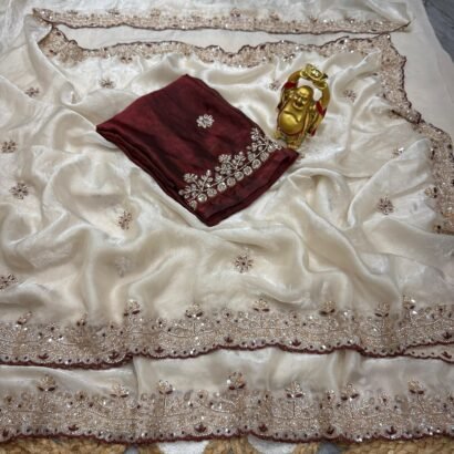 Grand silk party wear saree with original gold beadwork embroidery