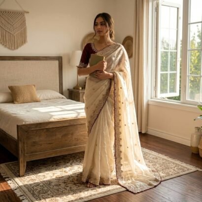 Grand silk party wear saree with original gold beadwork embroidery