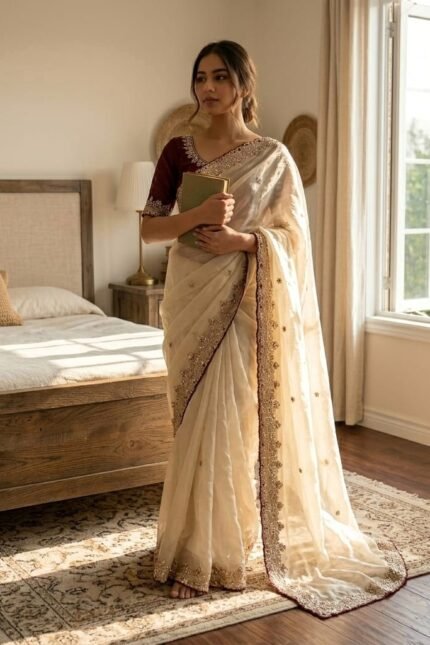 Grand silk party wear saree with original gold beadwork embroidery