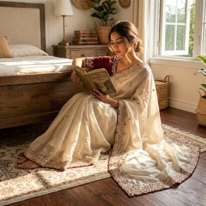 Silk party wear saree with gold beads, sequence and cutdana work