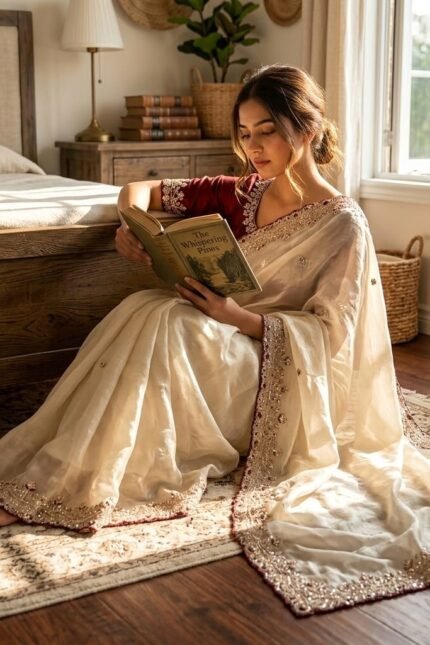 Silk party wear saree with gold beads, sequence and cutdana work