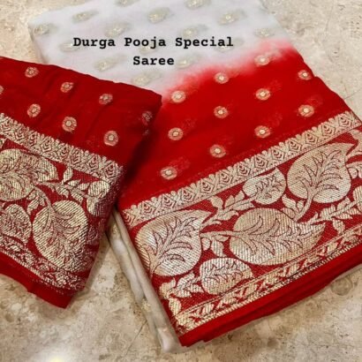 New Durga Puja saree in viscose georgette saree with contrast pallu and blouse