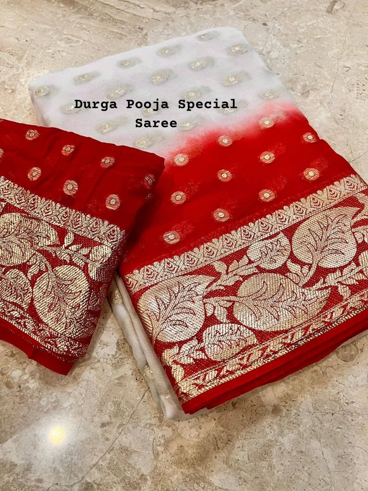 New Durga Puja saree in viscose georgette saree with contrast pallu and blouse