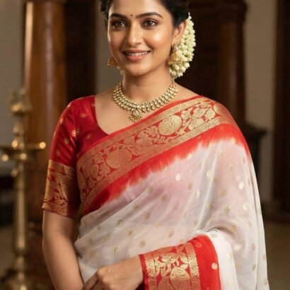New Durga Puja saree in viscose georgette saree with contrast pallu and blouse