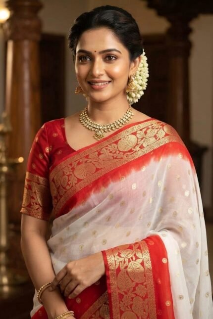 New Durga Puja saree in viscose georgette saree with contrast pallu and blouse