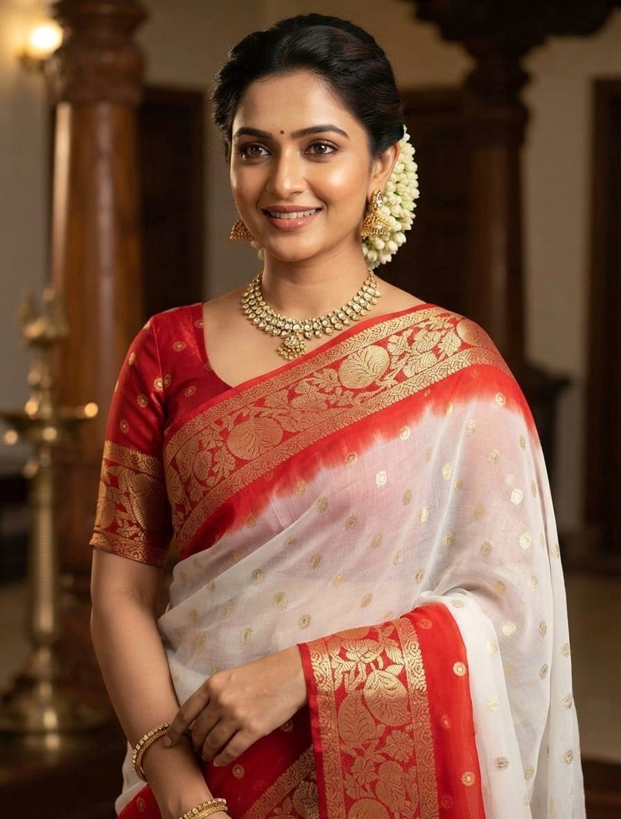 Durga Puja saree viscose georgette full view with contrast pallu New Durga Puja saree in viscose georgette saree with contrast pallu and blouse