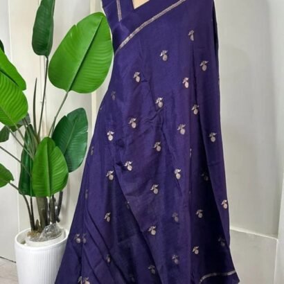 Purple khadi silk saree with satin border and jacquard leaf design