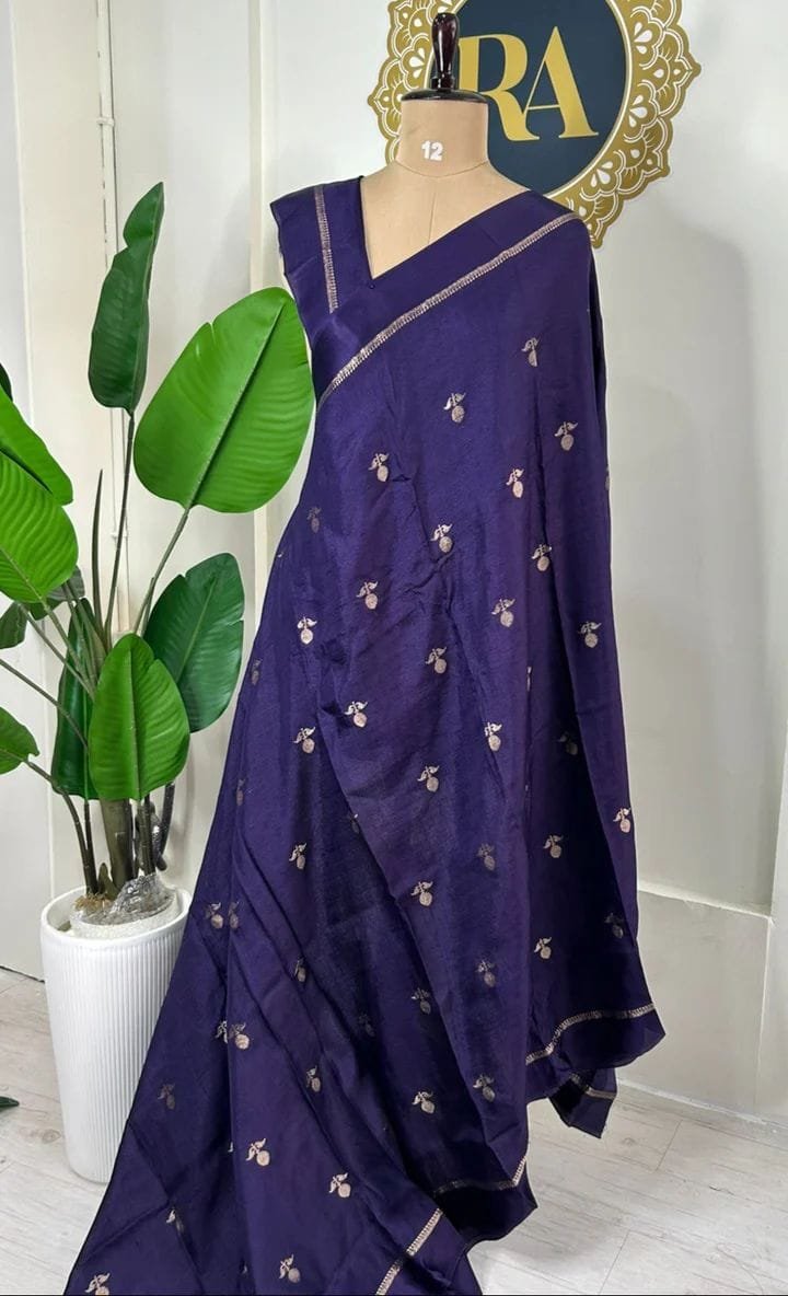 Purple khadi silk saree with satin border and jacquard leaf design