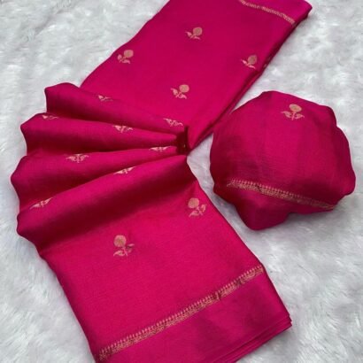 Rani pink khadi silk saree with satin border and jacquard leaf design