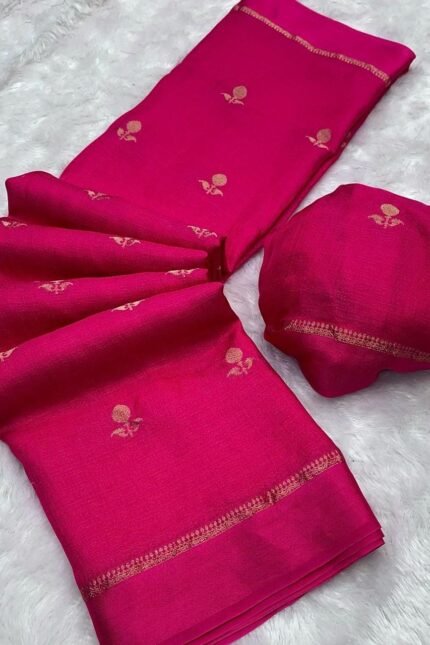 Rani pink khadi silk saree with satin border and jacquard leaf design