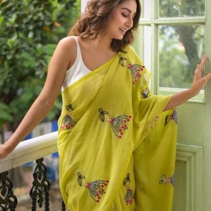yellow handloom cotton saree with doll embroidery