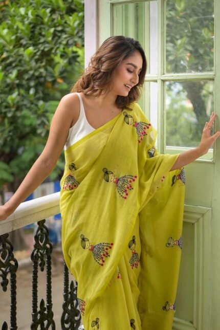 yellow handloom cotton saree with doll embroidery