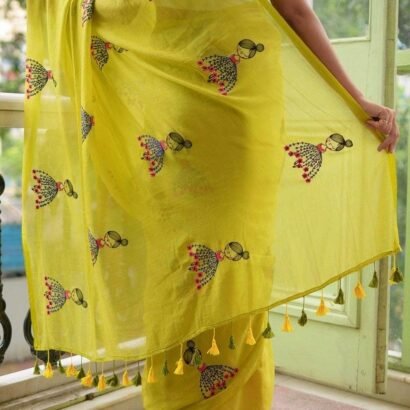 Yellow pure cotton saree pallu with doll embroidery design