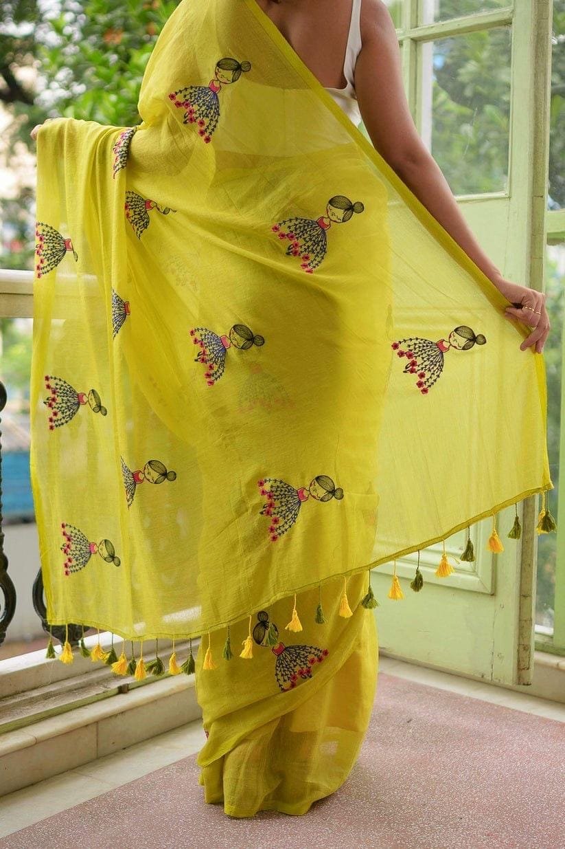 Yellow pure cotton saree pallu with doll embroidery design