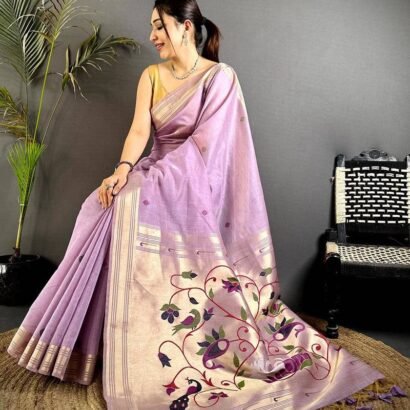 Lavender Muga Cotton Paithani Saree with Zari Border & Resham Pallu