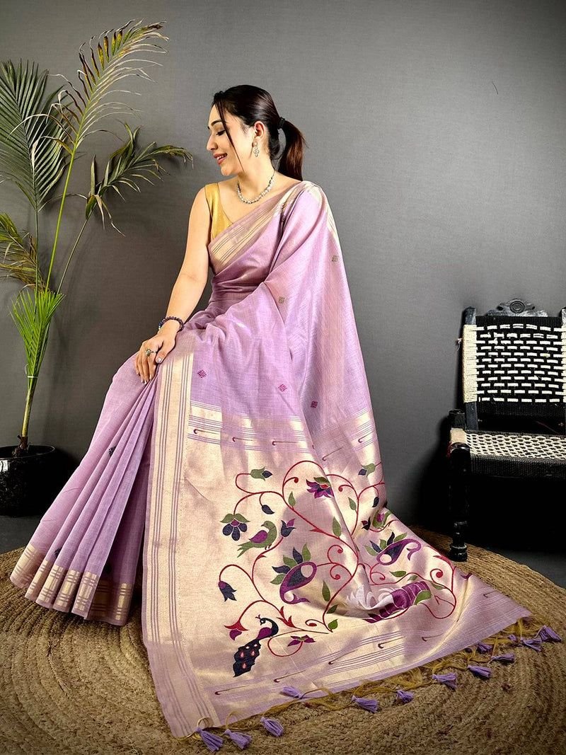 Lavender Muga Cotton Paithani Saree with Zari Border & Resham Pallu
