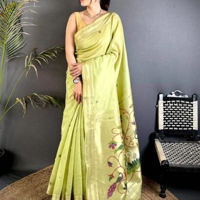 Pista Green Muga Cotton Paithani Saree with Zari Border & Resham Pallu