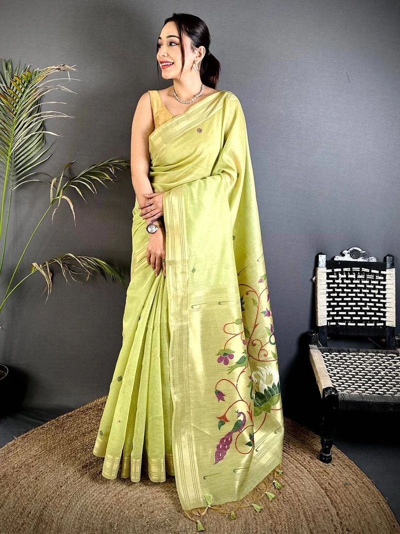 Pista Green Muga Cotton Paithani Saree with Zari Border & Resham Pallu