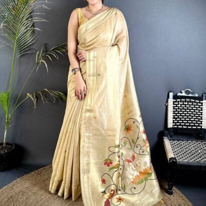 Cream Muga Cotton Paithani Saree with Zari Border & Resham Pallu