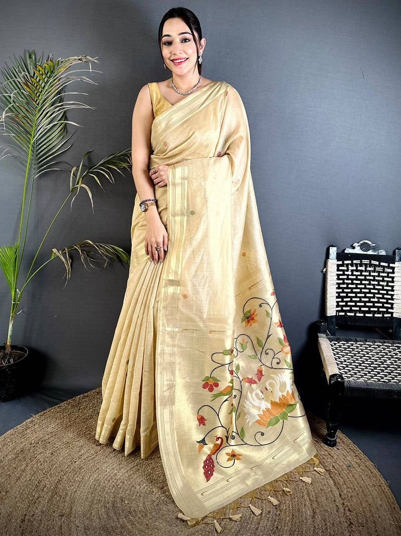 Cream Muga Cotton Paithani Saree with Zari Border & Resham Pallu