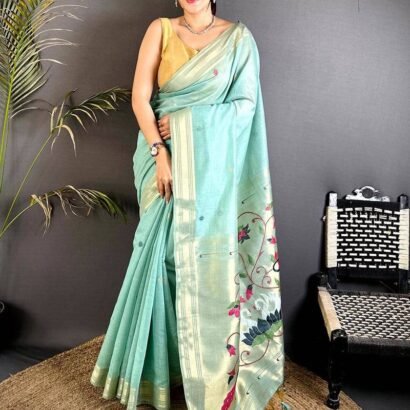 Sea Green Muga Cotton Paithani Saree with Zari Border & Resham Pallu
