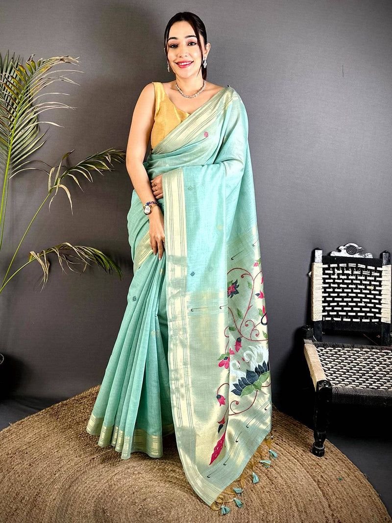 Sea Green Muga Cotton Paithani Saree with Zari Border & Resham Pallu