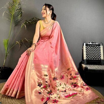 Pink Muga Cotton Paithani Saree with Zari Border & Resham Pallu