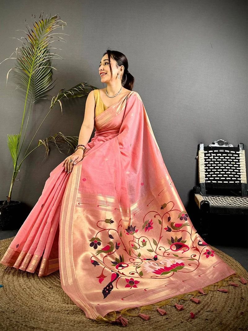 Pink Muga Cotton Paithani Saree with Zari Border & Resham Pallu