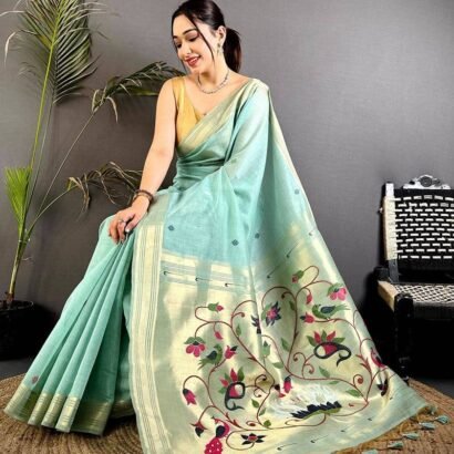 Sea Green Muga Cotton Paithani Saree with Zari Border & Resham Pallu