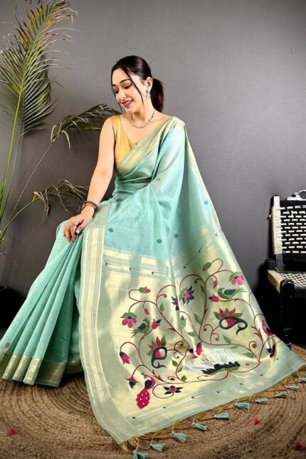 Sea Green Muga Cotton Paithani Saree with Zari Border & Resham Pallu