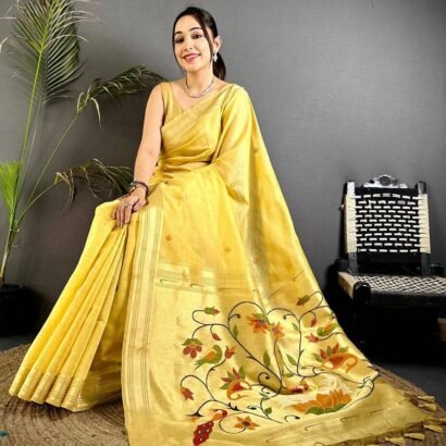 Yellow Muga Cotton Paithani Saree with Zari Border & Resham Pallu