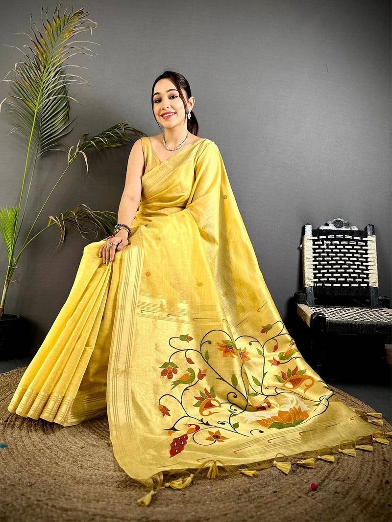 Yellow Muga Cotton Paithani Saree with Zari Border & Resham Pallu
