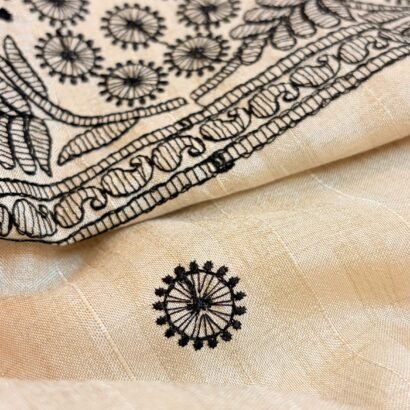 Pearl Pure Tussar silk saree with black embroidery, lace border and running blouse piece