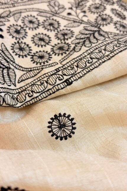 Pearl Pure Tussar silk saree with black embroidery, lace border and running blouse piece